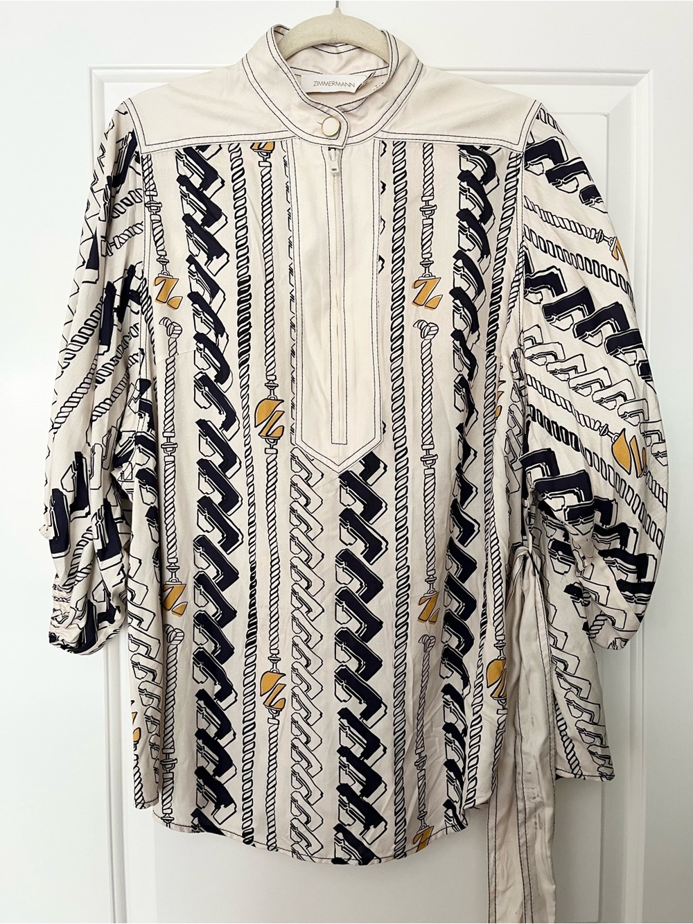 Authentic Zimmermann Chain Striped Print Gold Navy Beige Belted Blouse Sz3